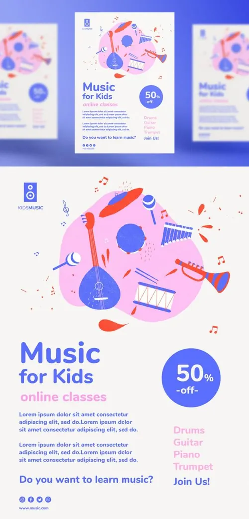 儿童音乐培训班兴趣班新媒体宣传海报模板 Kids music platform landing page template