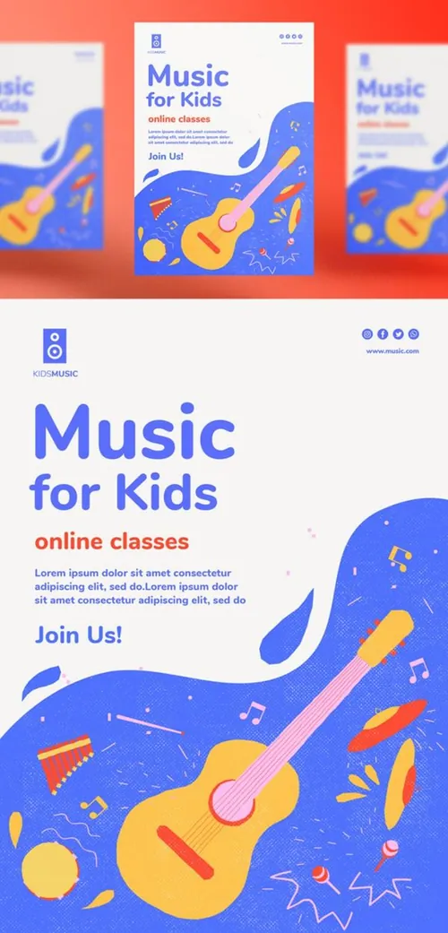 儿童音乐培训班兴趣班新媒体宣传海报模板 Kids music platform landing page template