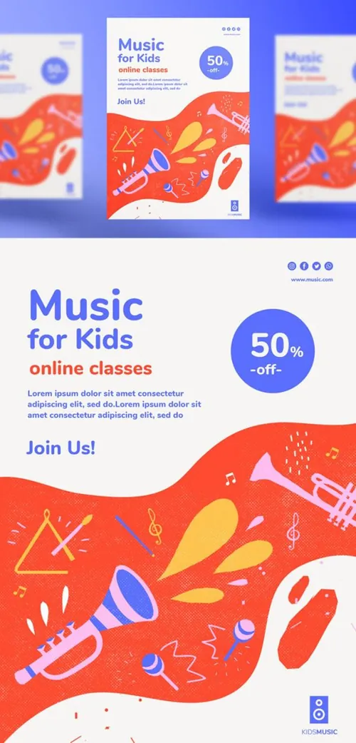 儿童音乐培训班兴趣班新媒体宣传海报模板 Kids music platform landing page template