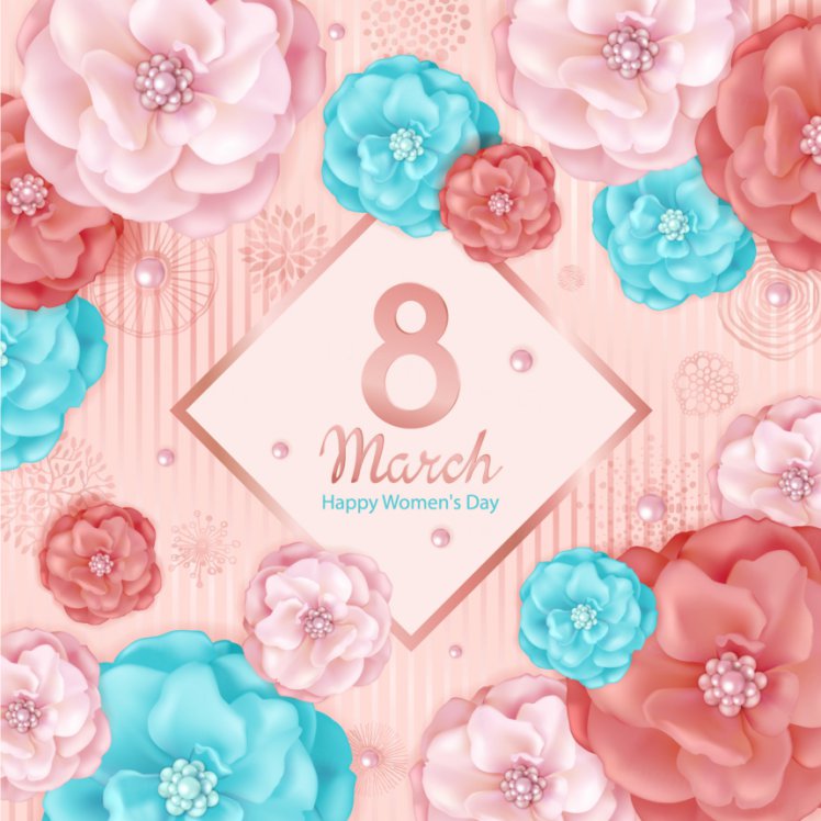 手绘粉色绿松石装饰花春天三八妇女节女神节贺卡折页矢量素材