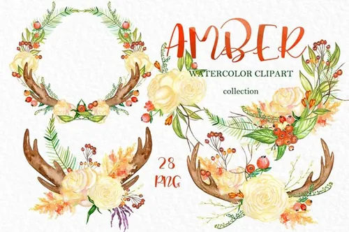 秋天水彩花卉花环剪贴画合集Amber Autumn wate