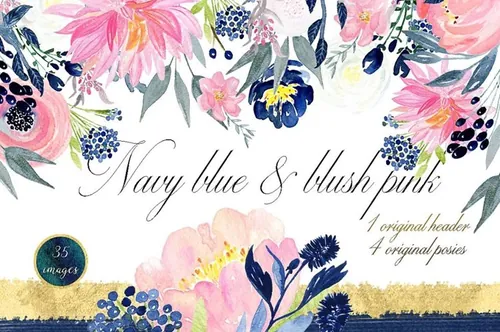 浪漫海军蓝粉色花卉水彩剪贴画合集blue and blush