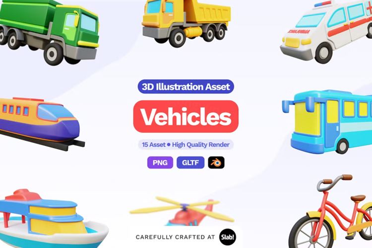 三维渲染公共汽车火车卡车飞机交通工具主题3D插画素材 3D