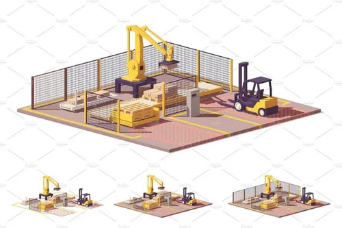 矢量施工机器图标Vector low poly robotic palletizing cell