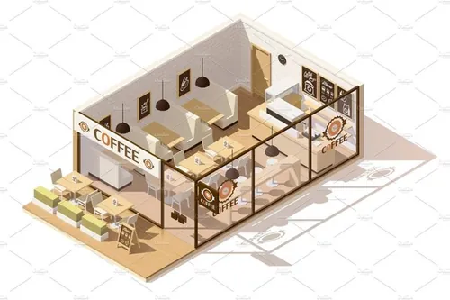 矢量咖啡店内部展示图标Vector isometric low poly coffee shop