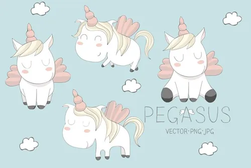 可爱的独角兽矢量插图素材 Cute Pegasus illustrations. Set