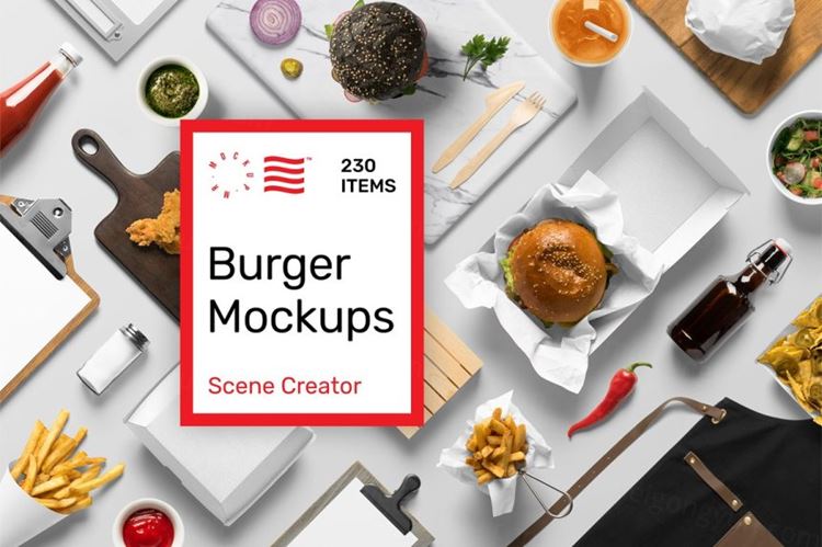 高质量汉堡快餐食品品牌餐饮包装设计提案样机模板 Burger Mockups - Scene Creator