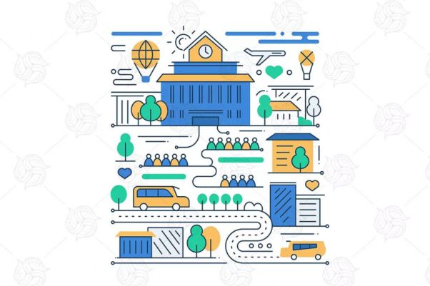 城市生活主题线性设计风格矢量插画v1 City Life – line