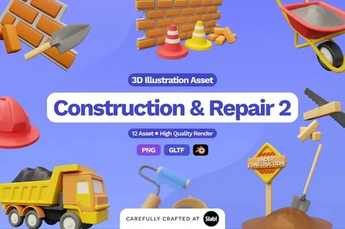 三维渲染安全帽建筑工地施工维修主题插画素材 3D Const