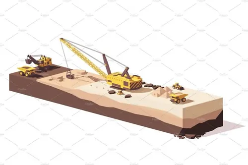 矢量低聚施工现场挖掘机图标Vector low poly excavators and haul truck