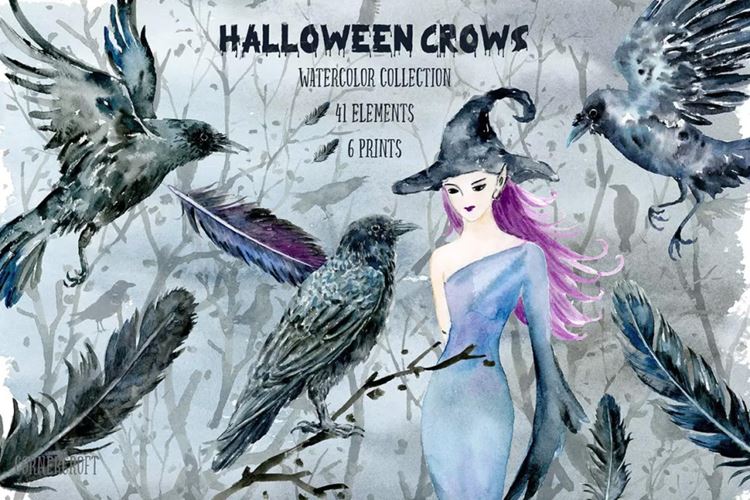 万圣节主题乌鸦巫婆水彩插画 Halloween Crows