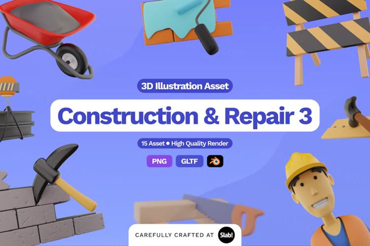 三维渲染安全帽建筑工地施工维修主题插画素材 3D Const