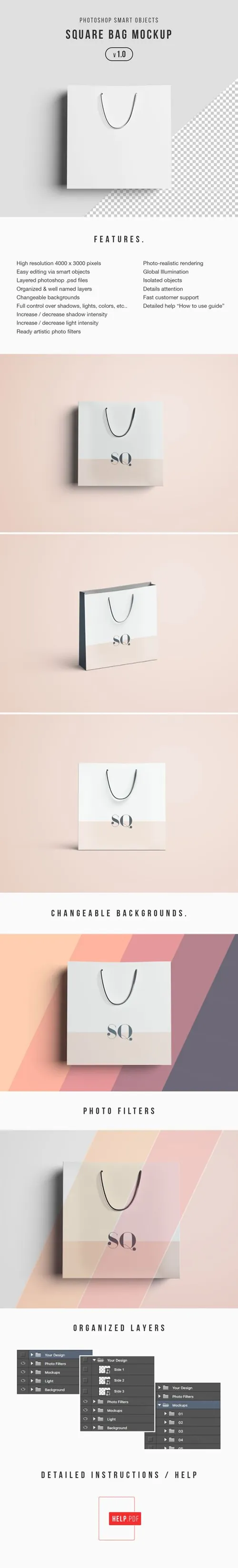 时尚纸袋礼品袋样机模板  Square Bag Mockup