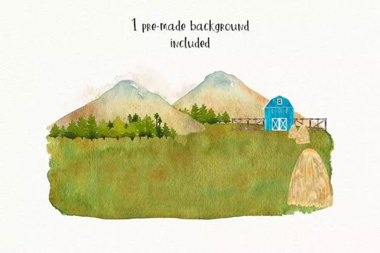 农场家畜动物水彩插画