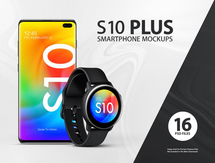 16个不同角度三星s10安卓智能手机UI贴图样机PSD模板素材 YDLabs S10 Plus Mockups