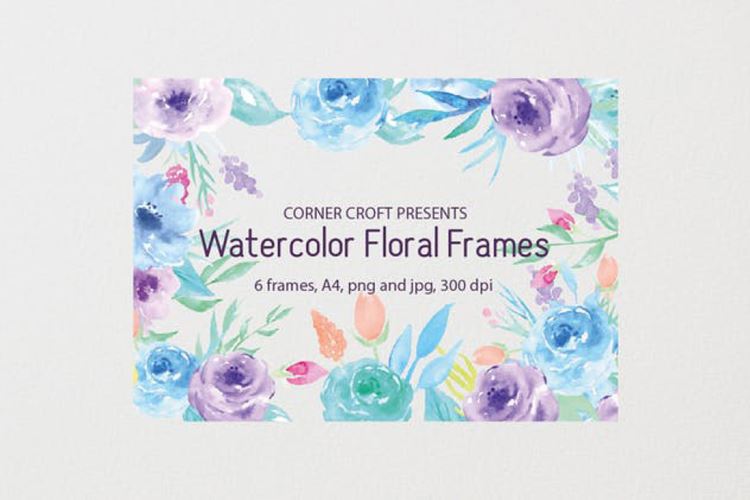 蓝色紫色水彩花卉插画 Watercolor Floral F