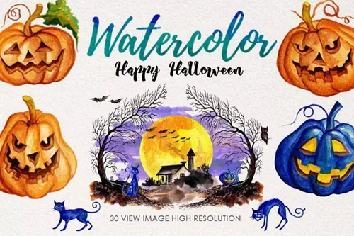 万圣节主题水彩插画 Watercolor Happy Halloween