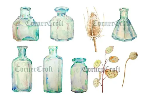 复古手绘葡萄酒瓶水彩剪贴图  Watercolor Vintage Bottle Dry Flower