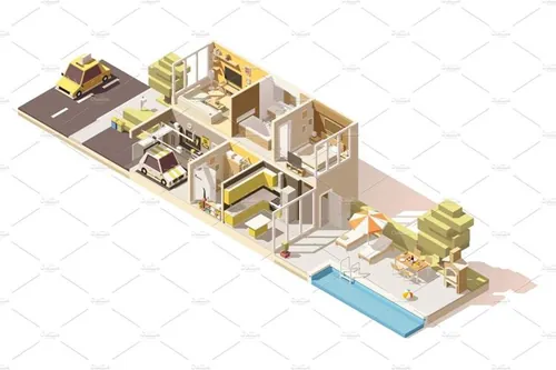 矢量等距房子横断面图标Vector isometric low poly house cross-section