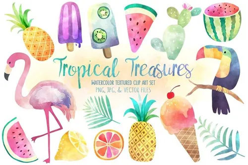 手绘水彩热带设计元素Tropical Treasures Watercolor Bundle
