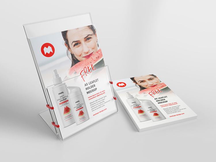 A5亚克力玻璃台签贴图展示模版 Transparent leaflet holder mockup / A5