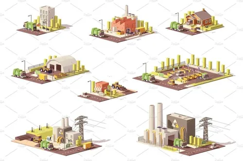 矢量低聚废物管理基础设施图标Vector low poly waste management icons