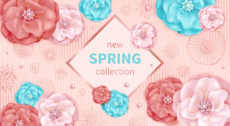 手绘粉色绿松石装饰花春天母亲节三八妇女节女神节贺卡折页矢量素材