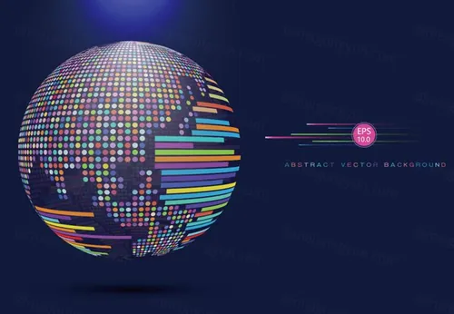 彩色马赛克线条组成的三维球形世界地图科学技术矢量背景图设计素材