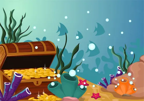 海底宝藏矢量插图Under Water Scene With Treasure Illustration