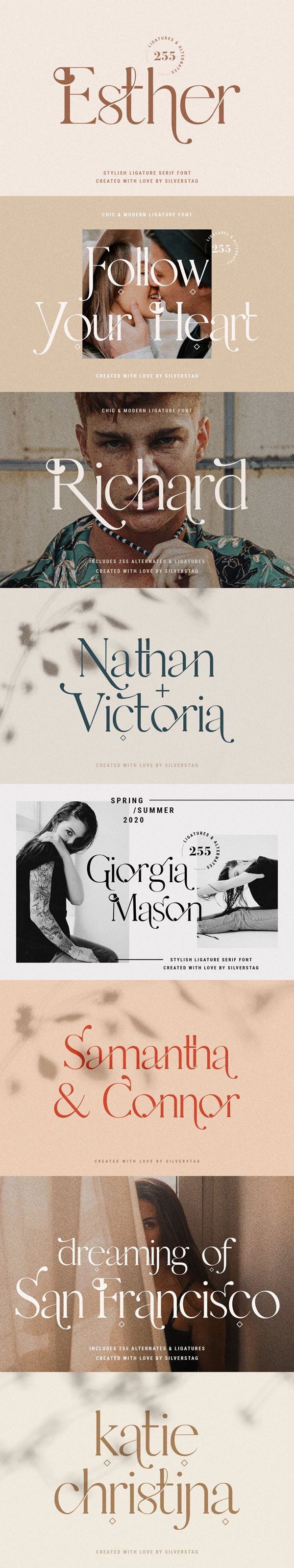 时尚优雅的婚礼品牌海报排版连字衬线英文字体 Esther -