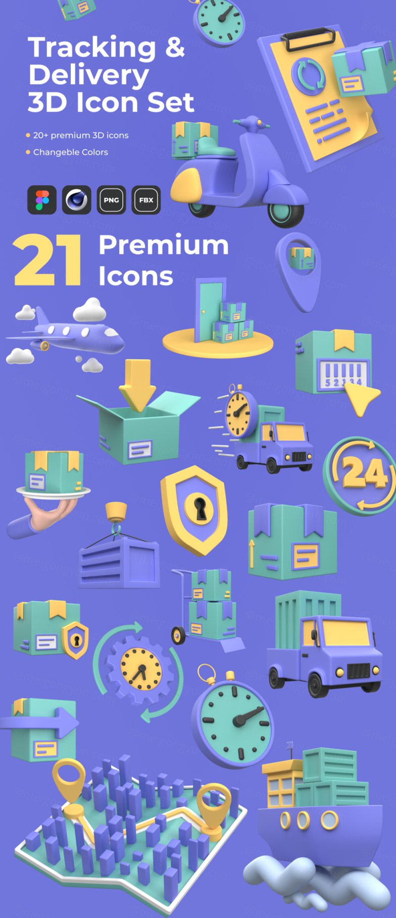 快递物流运输闪送服务空运海运3D图标合集包 Tracking  Del