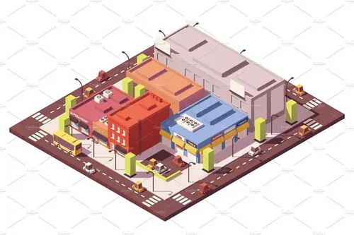 矢量街道楼房建筑图标Vector low poly isometric city block