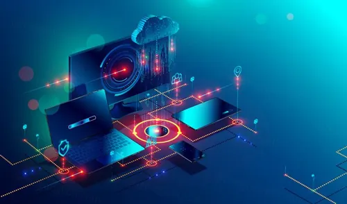 计算机智能设备无线云端数据共享多屏互联概念矢量插画