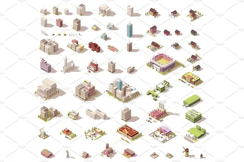 等距低聚建筑城镇图标合集Vector isometric low poly buildings and houses