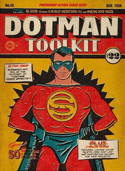 上世纪30年代复古漫画书印刷效果PS动作工具包 DotMan
