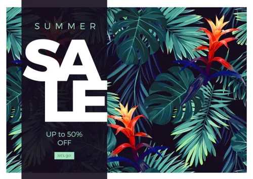 鲜花树叶背景促销矢量海报Floral sale design with guzmania flowers