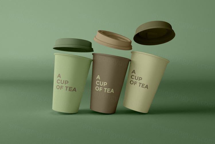 杯盖漂浮的咖啡杯纸杯品牌设计提案样机模板 Close up on coffee cups mockup