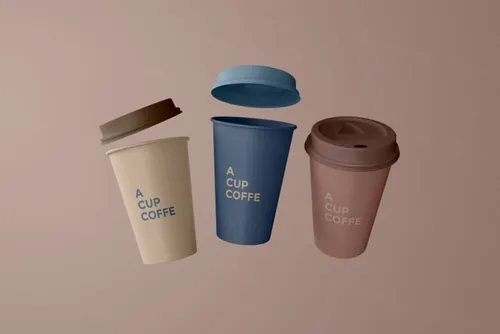 杯盖漂浮的咖啡杯纸杯品牌设计提案样机模板 Close up on coffee cups mockup