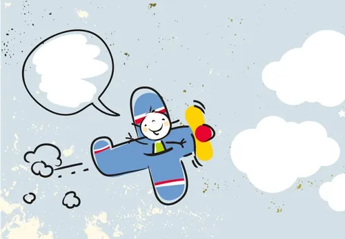 卡通涂鸦风格快乐的孩子飞行员蓝色飞机气球矢量插图设计素材Happy kid