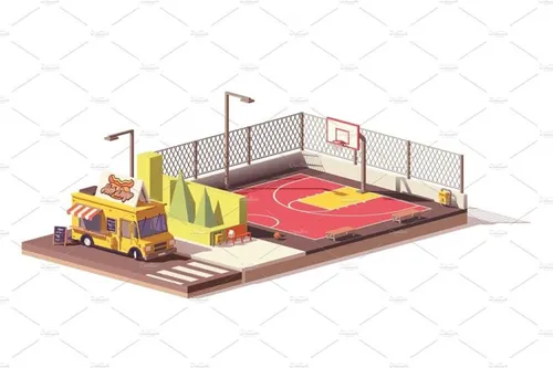 矢量低聚美食车和街道篮球场图标Vector low poly food truck and basketball court