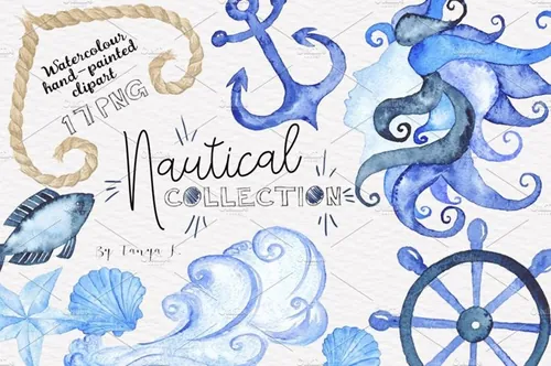 高质量水彩手绘航海元素剪贴画 Nautical Waterc