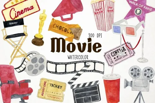 7种手绘水彩电影元素剪贴画Watercolor Movie