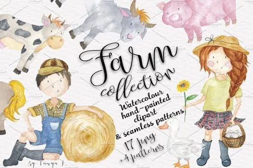 手绘水彩农场卡通小孩无缝插图 Farm Animals  K