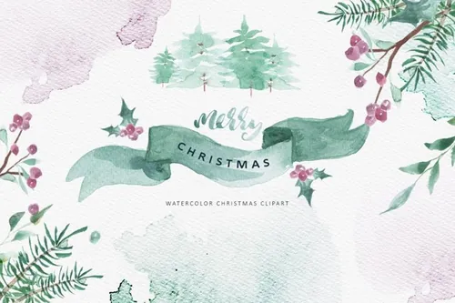 美丽冬季圣诞水彩剪贴画合集 Merry Christmas