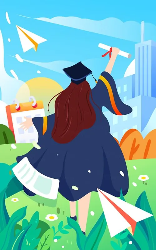 毕业季女同学背影穿着学士服欢呼跳跃场景EPS矢量插画素材