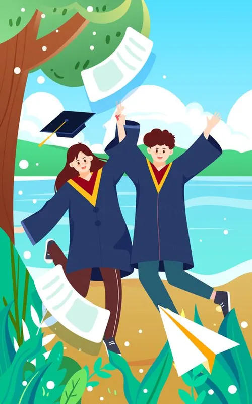 毕业季学生穿着学士服欢呼跳跃场景EPS矢量插画素材