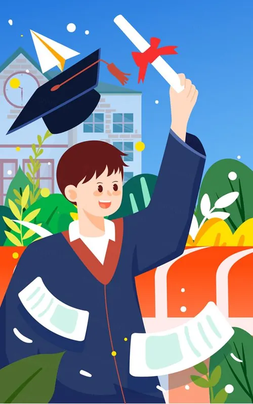 毕业季男学生穿着学士手举毕业证书场景EPS矢量插画素材