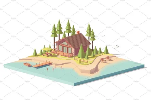 矢量低聚河流附近色房子图标Vector low poly house in forest