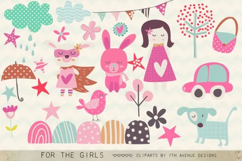 可爱幼儿园女孩玩具矢量插图素材 For the Girls Cliparts