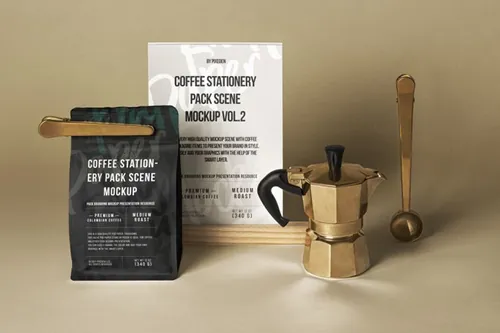 全新的包装psd咖啡样机 Coffee Psd Stationery Scene Mockup 2